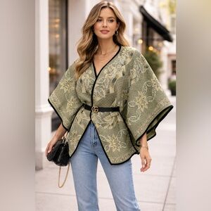 🧵 HANDMADE Green Floral Brocade Kimono Jacket with Velvet Trim O/S